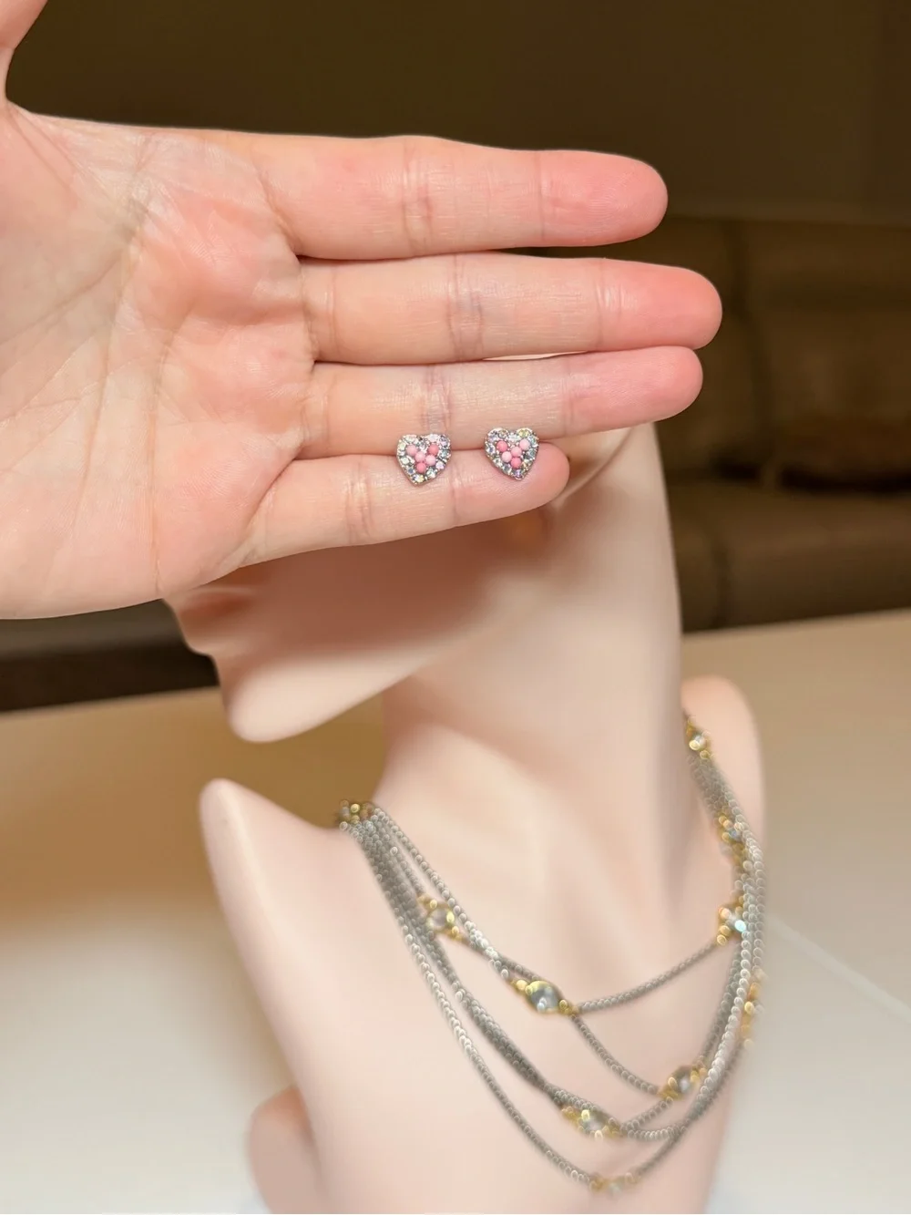 Heart-Shaped Pink Crystal and Beads Stud Earrings - Women Jewelry